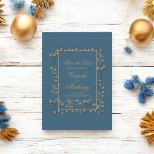 Navy Gold Floral Border Wedding Invitation