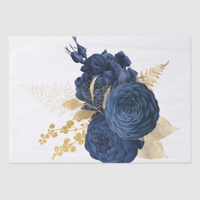 Navy Gold Floral Bouquet Watercolor Tissue Paper (Front)