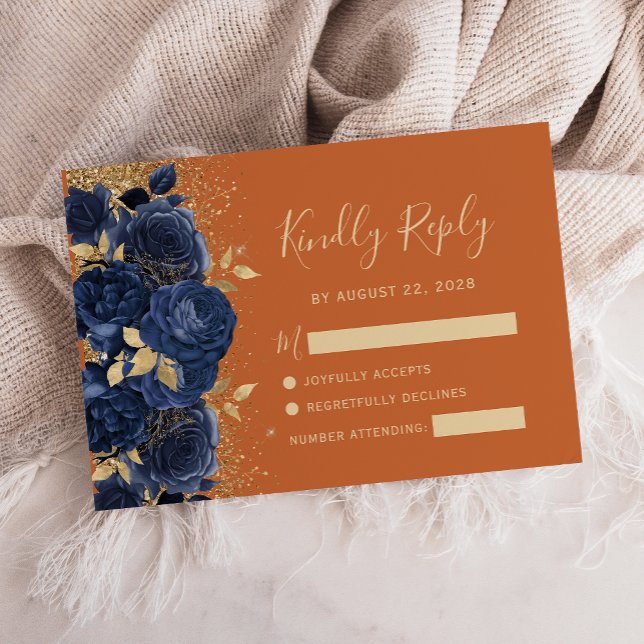 Navy Gold Floral Burnt Orange Wedding RSVP Card (Creator Uploaded)