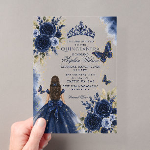 Navy Gold Floral Butterfly Princess Quinceañera Acrylic Invitations