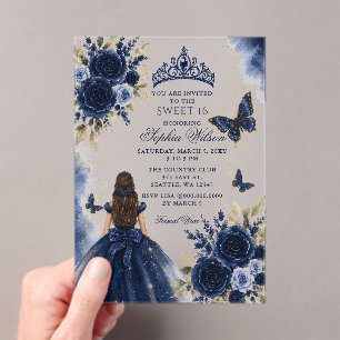 Navy Gold Floral Butterfly Princess Sweet 16 Acrylic Invitations
