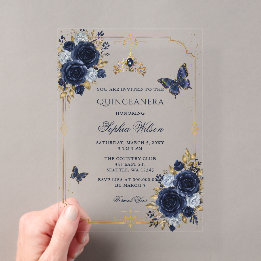 Navy Gold Floral Butterfly Quinceañera Acrylic Invitations