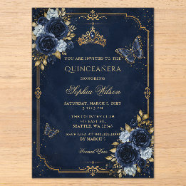 Navy Gold Floral Butterfly Quinceañera Acrylic Invitations