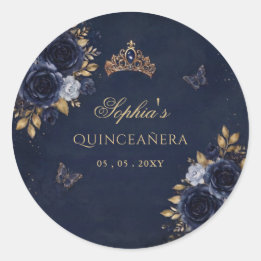 Navy Gold Floral Butterfly Quinceañera Classic Round Sticker