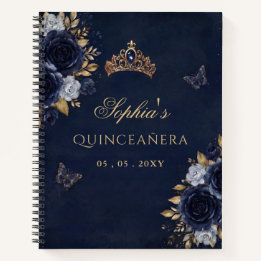 Navy Gold Floral Butterfly Quinceañera Guestbook Notebook