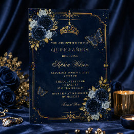 Navy Gold Floral Butterfly Quinceañera Invitation