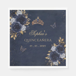 Navy Gold Floral Butterfly Quinceañera Napkin
