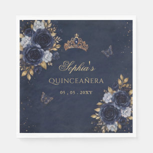 Navy Gold Floral Butterfly Quinceañera Napkin