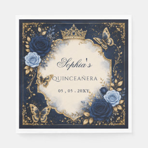Navy Gold Floral Butterfly Quinceañera Napkin