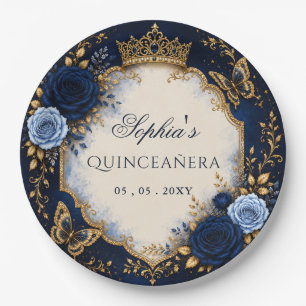 Navy Gold Floral Butterfly Quinceañera Paper Plate