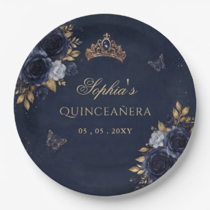 Navy Gold Floral Butterfly Quinceañera Paper Plate