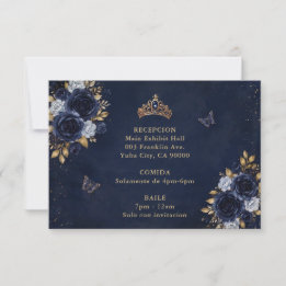 Navy Gold Floral Butterfly Quinceañera RSVP Card