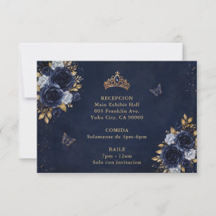 Navy Gold Floral Butterfly Quinceañera RSVP Card