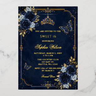 Navy Gold Floral Butterfly Sweet 16