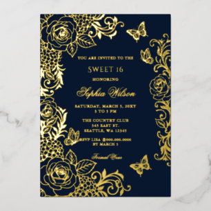 Navy Gold Floral Butterfly Sweet 16