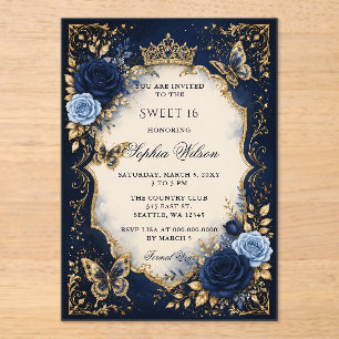 Navy Gold Floral Butterfly Sweet 16 Acrylic Invitations