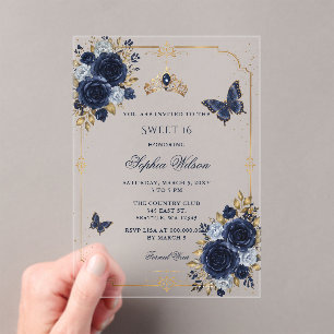 Navy Gold Floral Butterfly Sweet 16 Acrylic Invitations