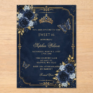 Navy Gold Floral Butterfly Sweet 16 Acrylic Invitations