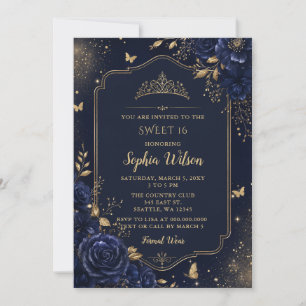 Navy Gold Floral Butterfly Sweet 16 Invitation