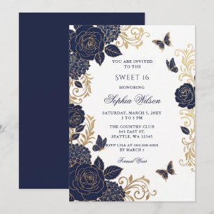 Navy Gold Floral Butterfly Sweet 16 Invitation