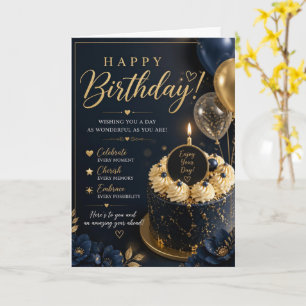 Navy Gold Floral Cake Birthday Card