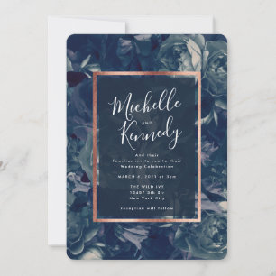 Navy Gold Floral Calligraphy Wedding Invitation