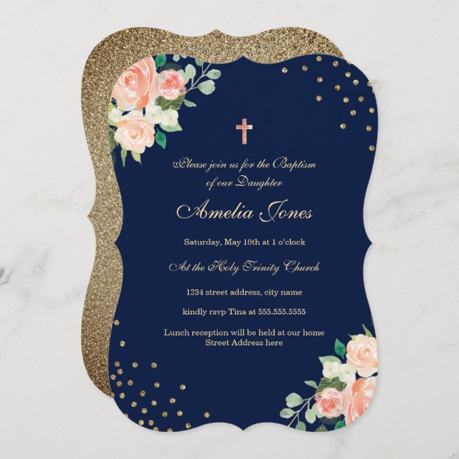 Navy Gold Floral Confetti Baptism Invitation (Front/Back)