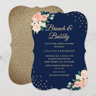 Navy Gold Floral Confetti Brunch and Bubbly Invitation