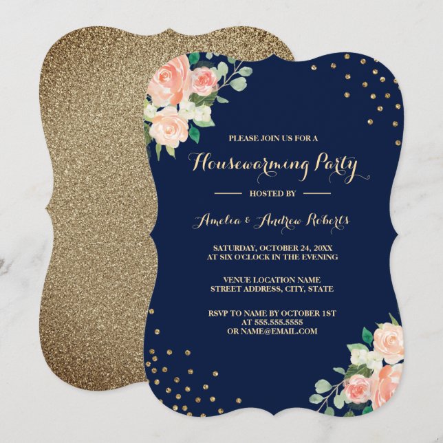 Navy Gold Floral Confetti Housewarming Party Invitation (Front/Back)