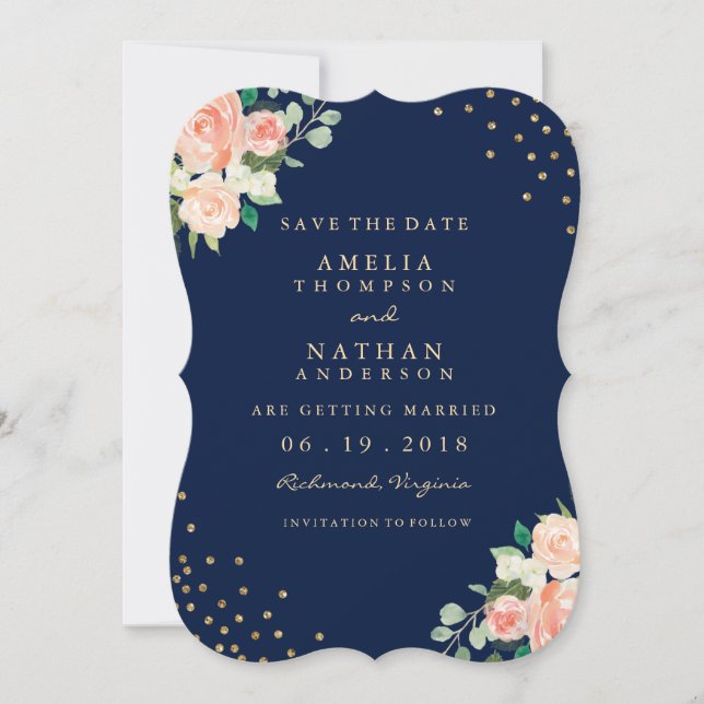 Navy Gold Floral Confetti Wedding Save The Date (Front)