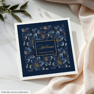 Navy Gold Floral Napkins Chic Wedding Table Decor