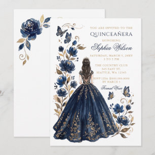 Navy Gold Floral Princess Butterfly Quinceañera Invitation