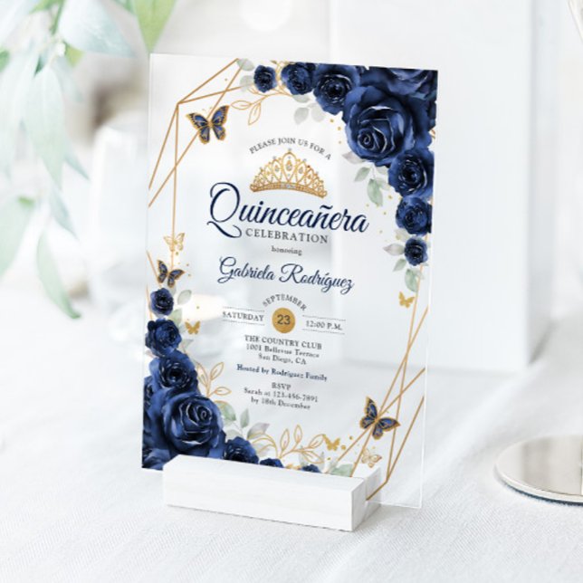 Navy Gold Floral Quinceanera Acrylic Invitations (Creator Uploaded)