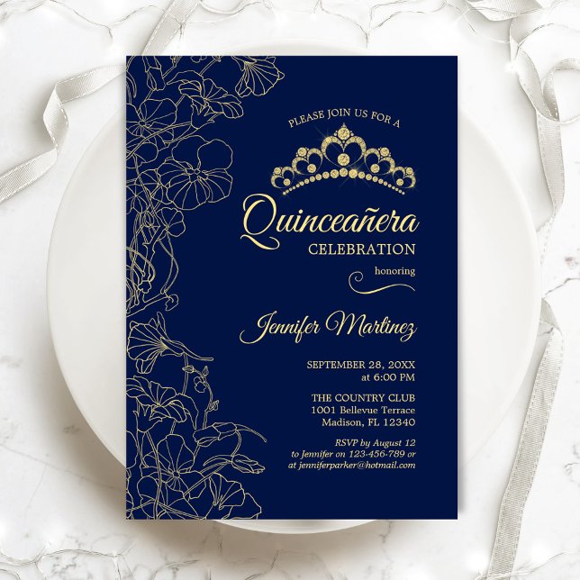 Navy Gold Floral Quinceanera Party Invitation (Creator Uploaded)