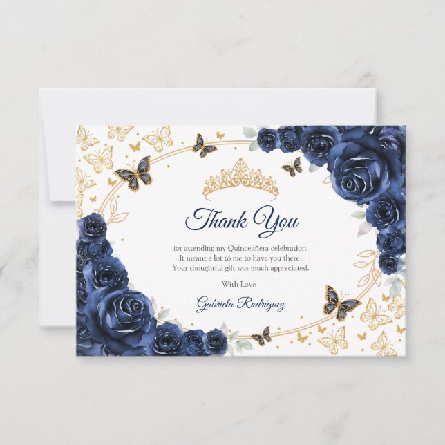 Navy Gold Floral Quinceanera Thank You Card (Front)