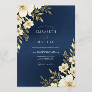 Navy Gold Floral Romance Wedding Invitation