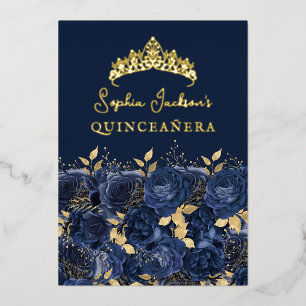 Navy Gold Floral Rose Quinceanera