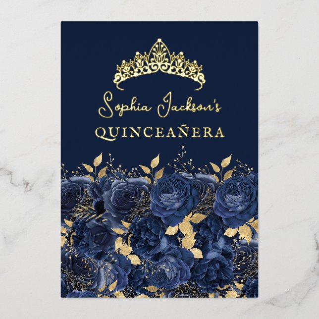 Navy Gold Floral Rose Quinceanera (Front)