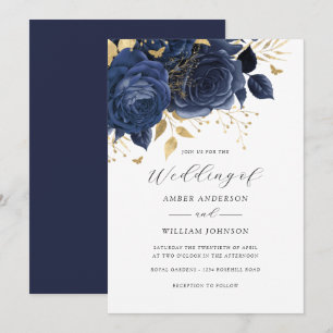 Navy Gold Floral Rose Wedding Invitation