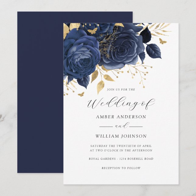 Navy Gold Floral Rose Wedding   Invitation (Front/Back)