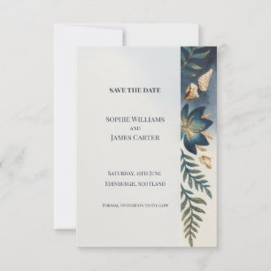 Navy Gold Floral Save The Date Card