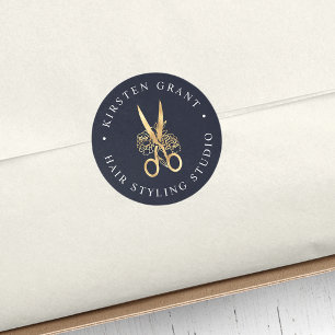 Navy & Gold Floral Scissors Logo Classic Round Sticker