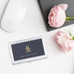 Navy Gold Floral Scissors Personalised Hairstylist Business Card Holder<br><div class="desc">Elegant business card holder for hairstylists or salon owners features your name and/or business name in classic white lettering on a navy blue background adorned with a pair of floral-embellished scissors in faux gold foil. Makes a beautiful personalised gift for a hairstylist or cosmetology school graduate.</div>