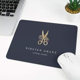 Navy & Gold Floral Scissors Salon Logo Mouse Mat
