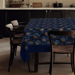 Navy Gold Floral Tablecloth Elegant Monogram Decor