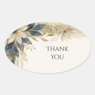 Navy Gold Floral Thank You Oval Sticker