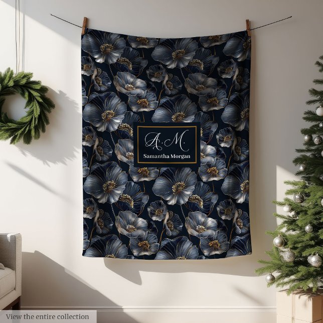 Navy Gold Floral Throw Elegant Monogram Blanket (Navy Gold Floral Throw Elegant Monogram Blanket)