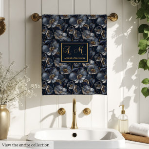 Navy Gold Floral Towels Elegant Monogram Accent