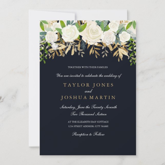 Navy Gold Floral Watercolor Wedding Invitation (Front)