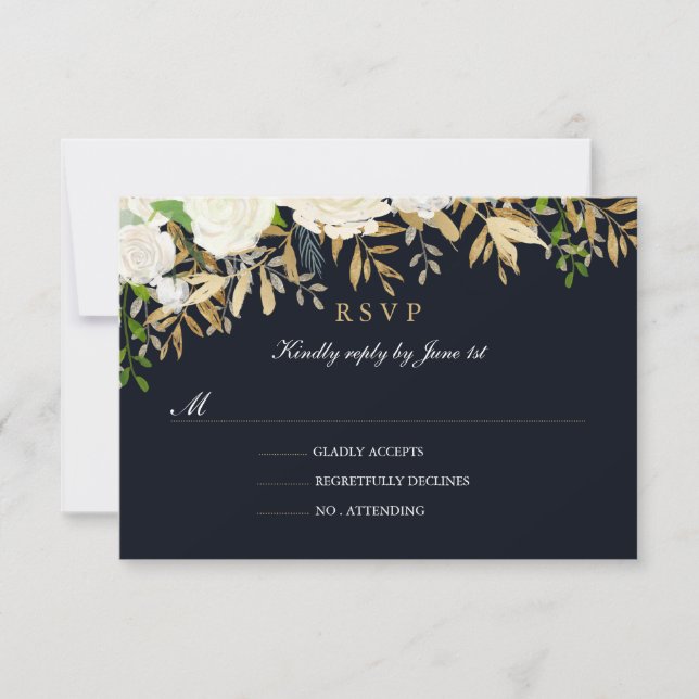 Navy Gold Floral Watercolor Wedding RSVP (Front)